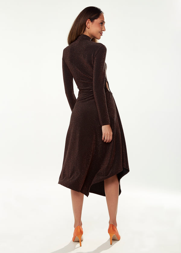 Liquorish Women's Midi Dress With Long Sleeves In Sparkly Bronze - Exclusive Liquorish
