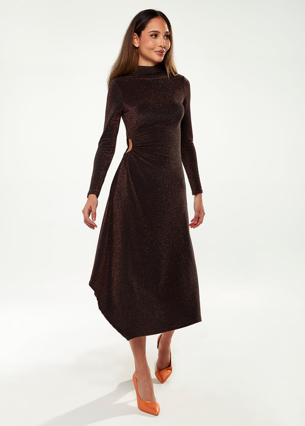 Liquorish Women's Midi Dress with Long Sleeves in Sparkly Bronze - Exclusive Liquorish