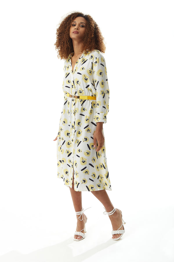 Liquorish Women's Midi Dress with Long Sleeves in White and Yellow Floral Print Perfect for Spring - Liquorish