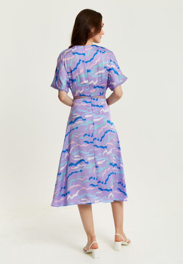 Liquorish Women's Midi Dress With Mesh Detail In Lilac - Abstract Zebra Print Short Sleeves Stylish And Chic By Liquorish