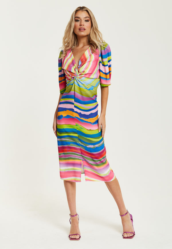 Liquorish Women's Midi Dress With Multicolour Print V Neck Short Sleeves And Front Slit - Liquorish