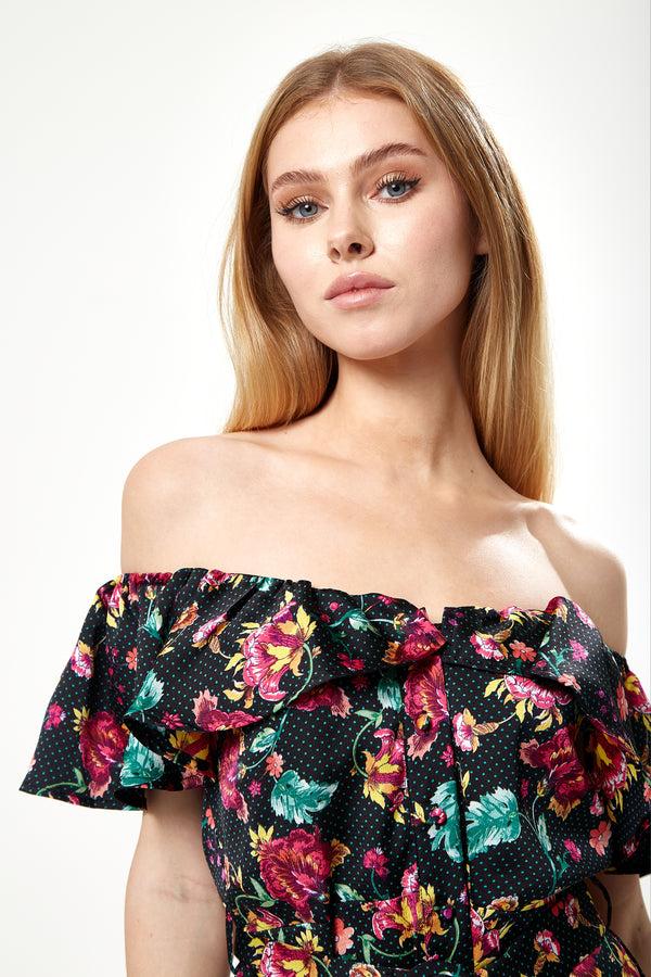Liquorish Women’s Midi Dress With Off Shoulder Sleeves In Black Floral Print - Liquorish