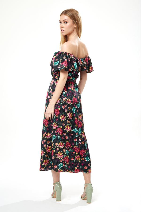 Liquorish Women’s Midi Dress With Off Shoulder Sleeves In Black Floral Print - Liquorish