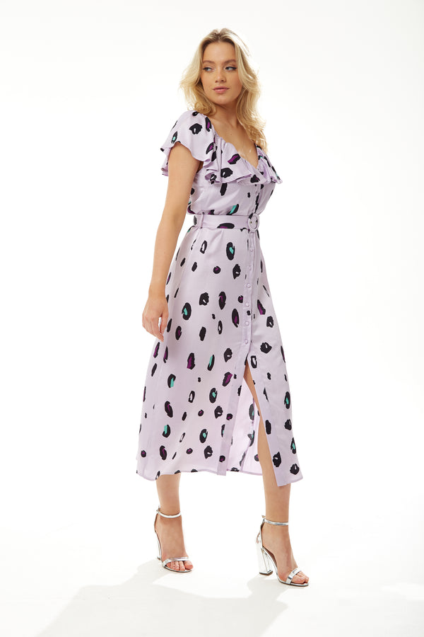 Liquorish Women's Midi Dress With Off Shoulder Sleeves In Lilac Animal Print - Stylish And Chic Liquorish