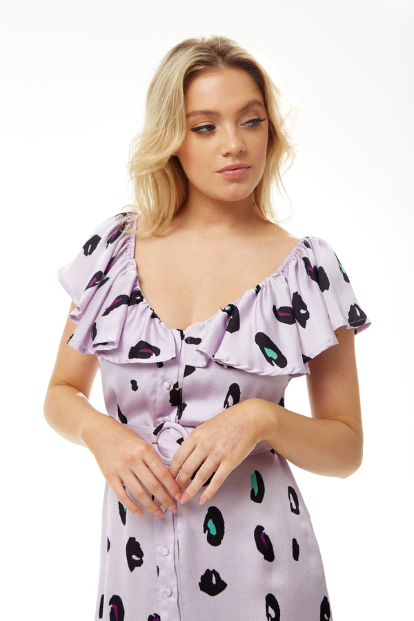 Liquorish Women's Midi Dress With Off Shoulder Sleeves In Lilac Animal Print - Stylish And Chic Liquorish