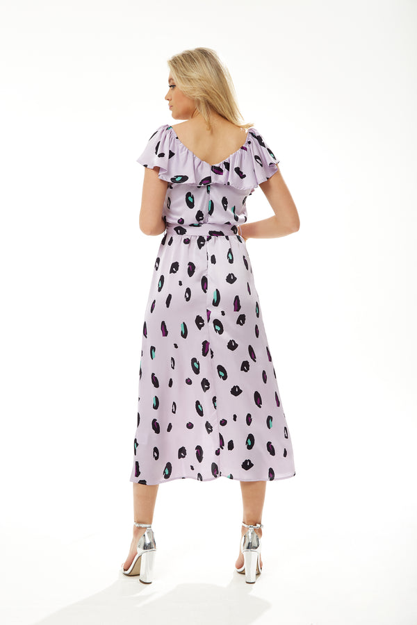 Liquorish Women's Midi Dress With Off Shoulder Sleeves In Lilac Animal Print - Stylish And Chic Liquorish