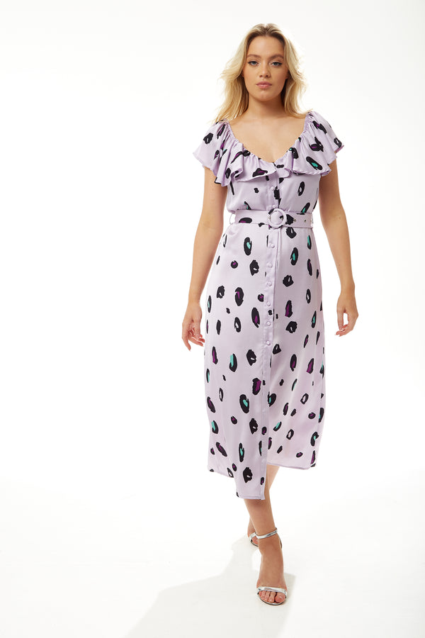 Liquorish Women's Midi Dress with Off Shoulder Sleeves in Lilac Animal Print - Stylish and Chic Liquorish