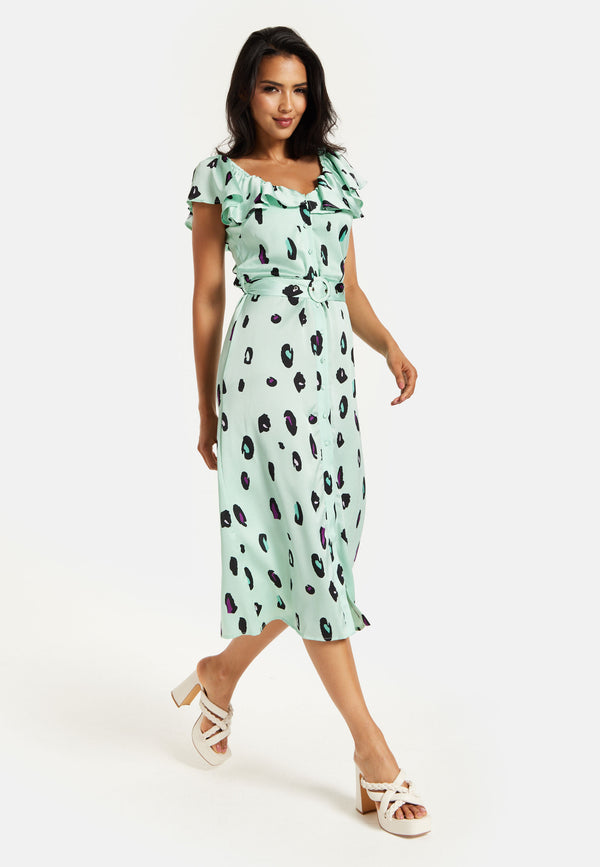 Liquorish Women's Midi Dress With Off Shoulder Sleeves In Mint Animal Print - Liquorish