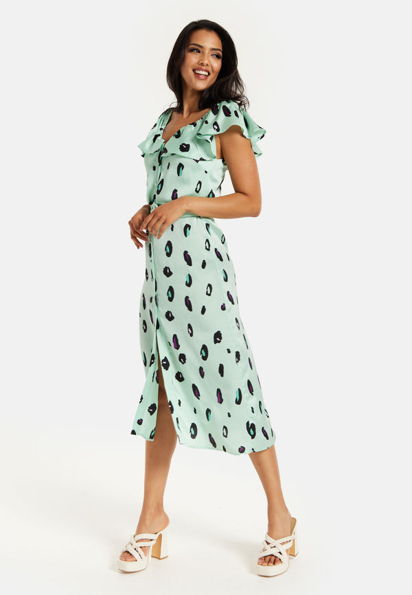 Liquorish Women's Midi Dress With Off Shoulder Sleeves In Mint Animal Print - Liquorish