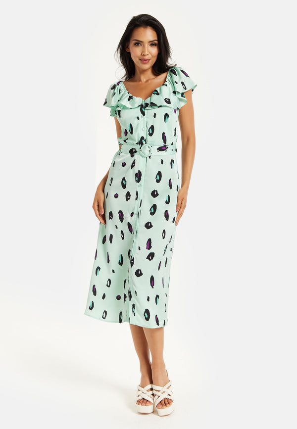 Liquorish Women's Midi Dress With Off Shoulder Sleeves In Mint Animal Print - Liquorish