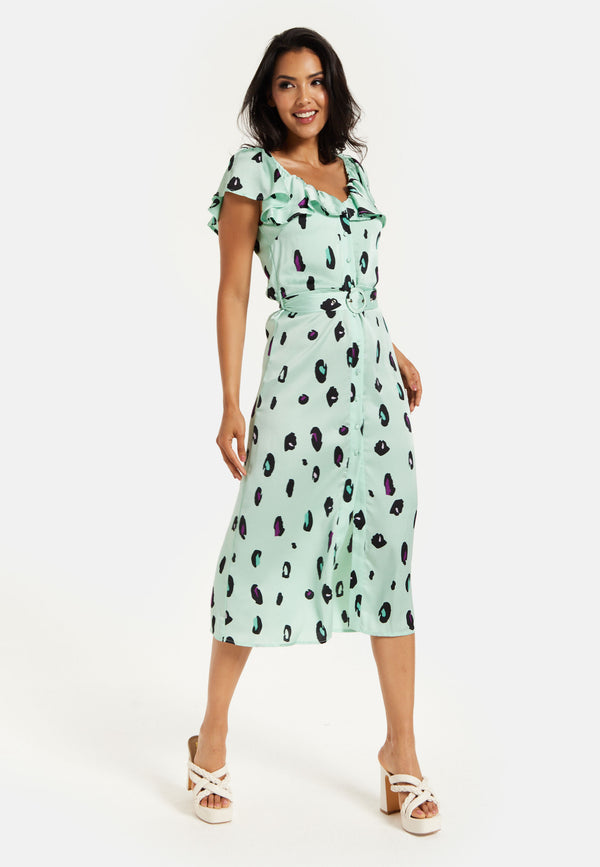 Liquorish Women's Midi Dress with Off Shoulder Sleeves in Mint Animal Print - Liquorish