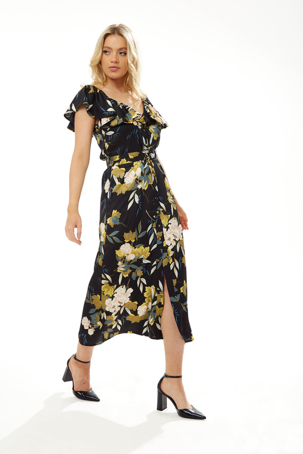 Liquorish Women's Midi Dress With Off Shoulder Sleeves In Navy Floral Print - Liquorish