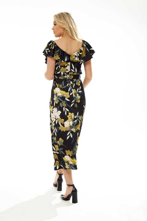 Liquorish Women's Midi Dress With Off Shoulder Sleeves In Navy Floral Print - Liquorish