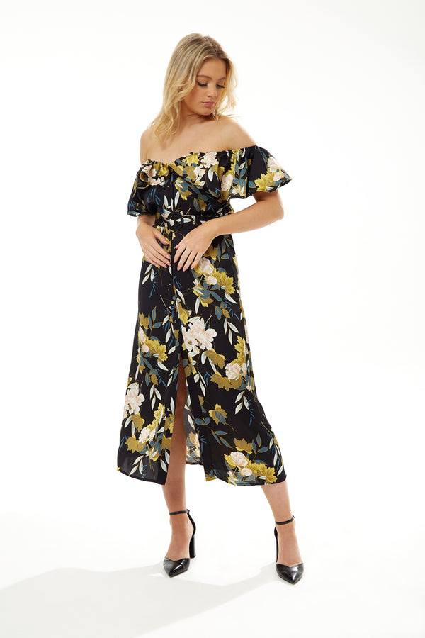 Liquorish Women's Midi Dress With Off Shoulder Sleeves In Navy Floral Print - Liquorish