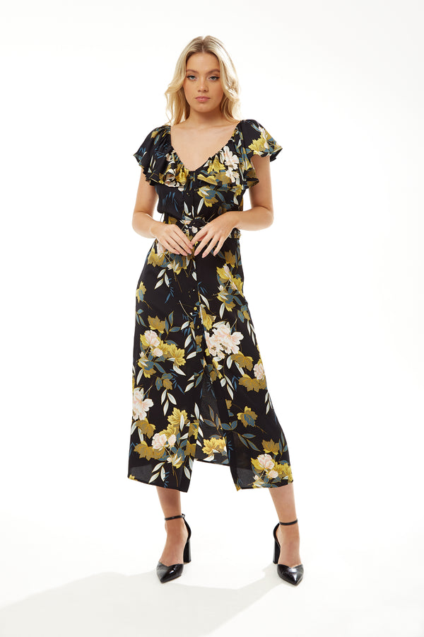 Liquorish Women's Midi Dress with Off Shoulder Sleeves in Navy Floral Print - Liquorish