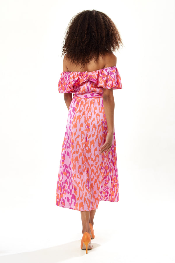Liquorish Women's Midi Dress With Off Shoulder Sleeves In Pink Animal Print Stylish And Chic - Liquorish