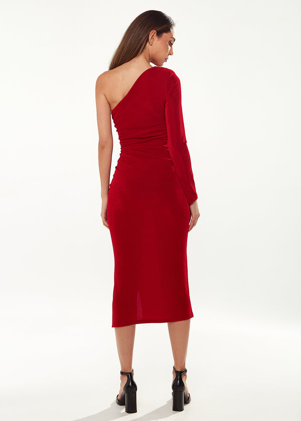 Liquorish Women's Midi Dress With One Long Sleeve In Red - Asymmetric Style By Liquorish