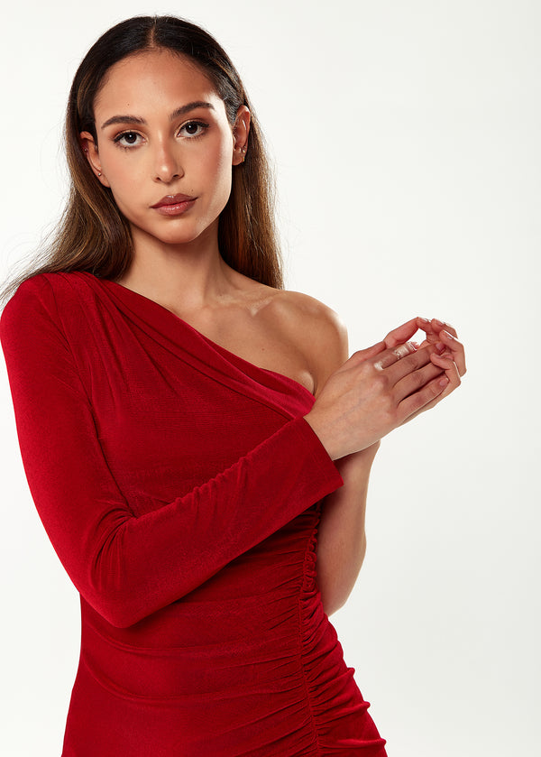 Liquorish Women's Midi Dress With One Long Sleeve In Red - Asymmetric Style By Liquorish