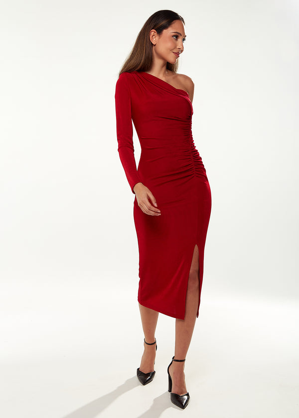 Liquorish Women's Midi Dress with One Long Sleeve in Red - Asymmetric Style by Liquorish