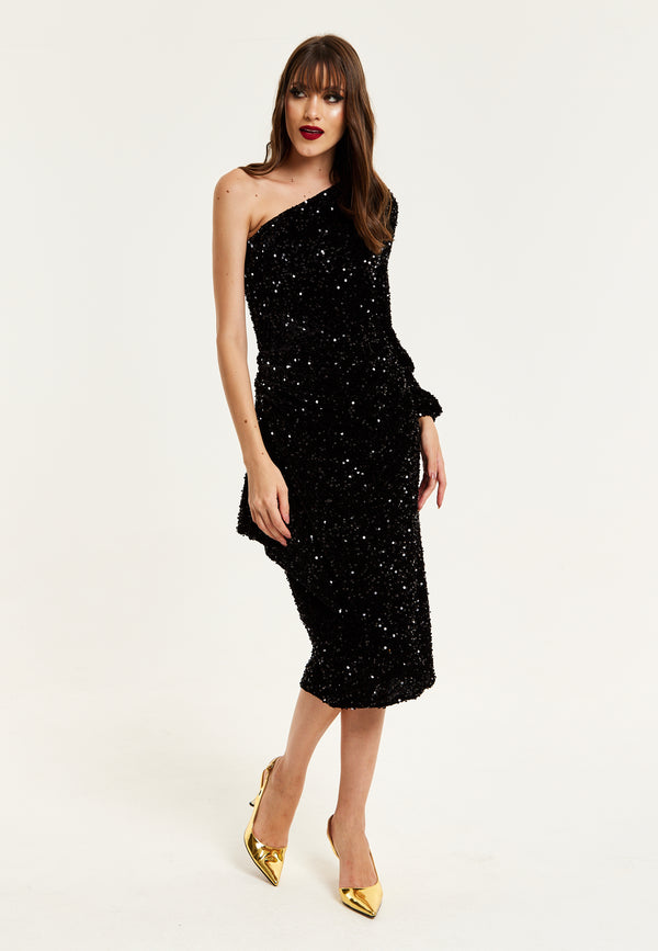 Liquorish Women's Midi Dress With One Shoulder And Zip-Side In Black Sequin Velvet - Perfect For Any Occasion By Liquorish