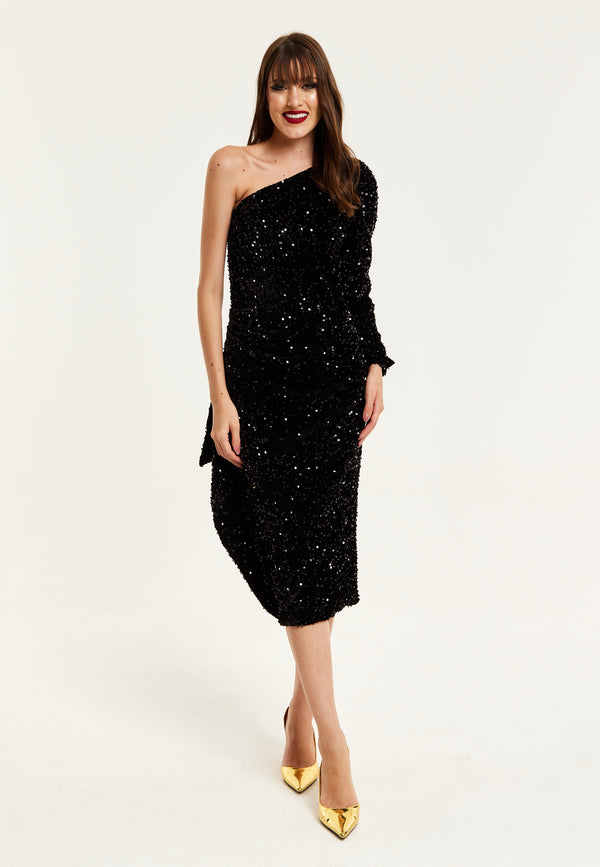 Liquorish Women's Midi Dress With One Shoulder And Zip-Side In Black Sequin Velvet - Perfect For Any Occasion By Liquorish