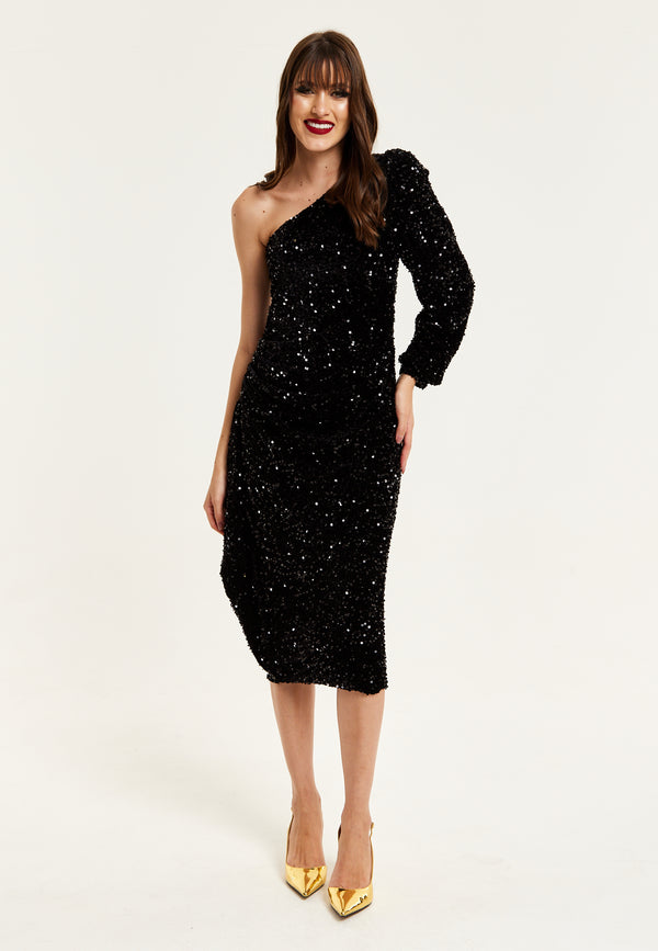 Liquorish Women's Midi Dress With One Shoulder And Zip-Side In Black Sequin Velvet - Perfect For Any Occasion By Liquorish