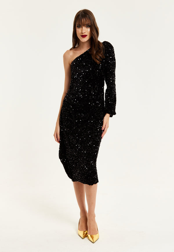 Liquorish Women's Midi Dress with One Shoulder and Zip-Side in Black Sequin Velvet - Perfect for Any Occasion by Liquorish