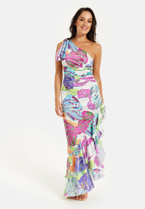 Liquorish Women’s Midi Dress With One Shoulder Frill And Bow Print Asymmetric Length Slim Fit Design