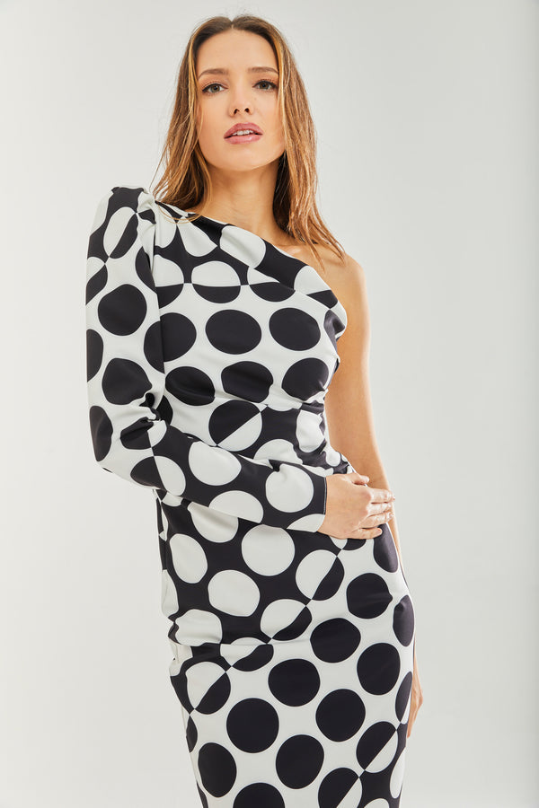 Liquorish Women's Midi Dress With One Sleeve In Black And White Spot Print - Liquorish