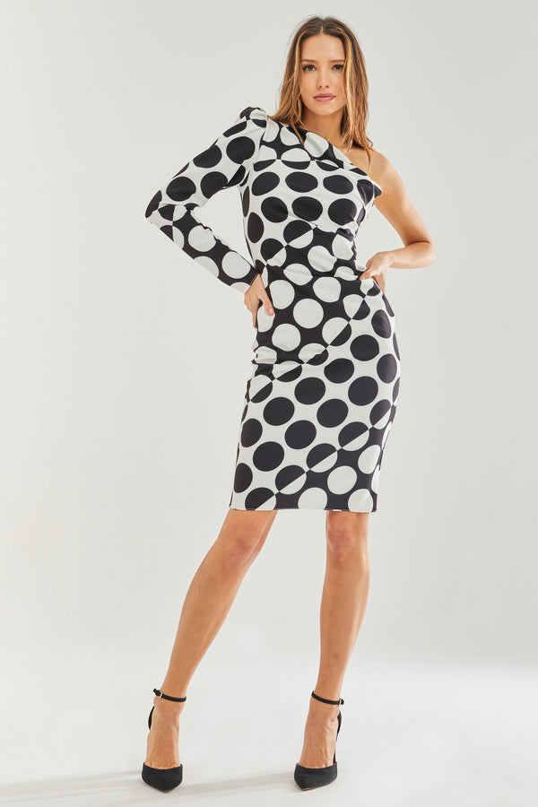 Liquorish Women's Midi Dress with One Sleeve in Black and White Spot Print - Liquorish