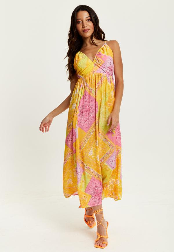 Liquorish Women's Midi Dress With Open Back And Sleeveless Design In Yellow And Pink - Perfect Summer Style By Liquorish