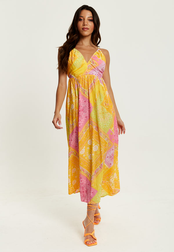 Liquorish Women's Midi Dress With Open Back And Sleeveless Design In Yellow And Pink - Perfect Summer Style By Liquorish