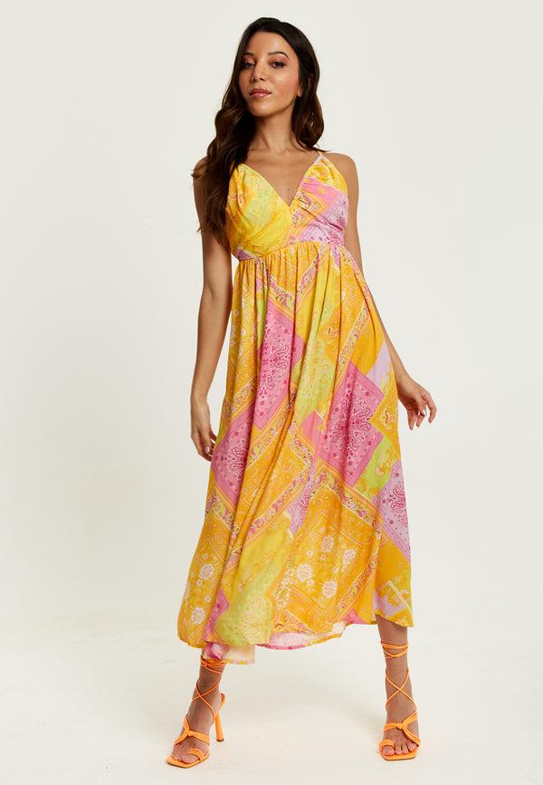 Liquorish Women's Midi Dress With Open Back And Sleeveless Design In Yellow And Pink - Perfect Summer Style By Liquorish