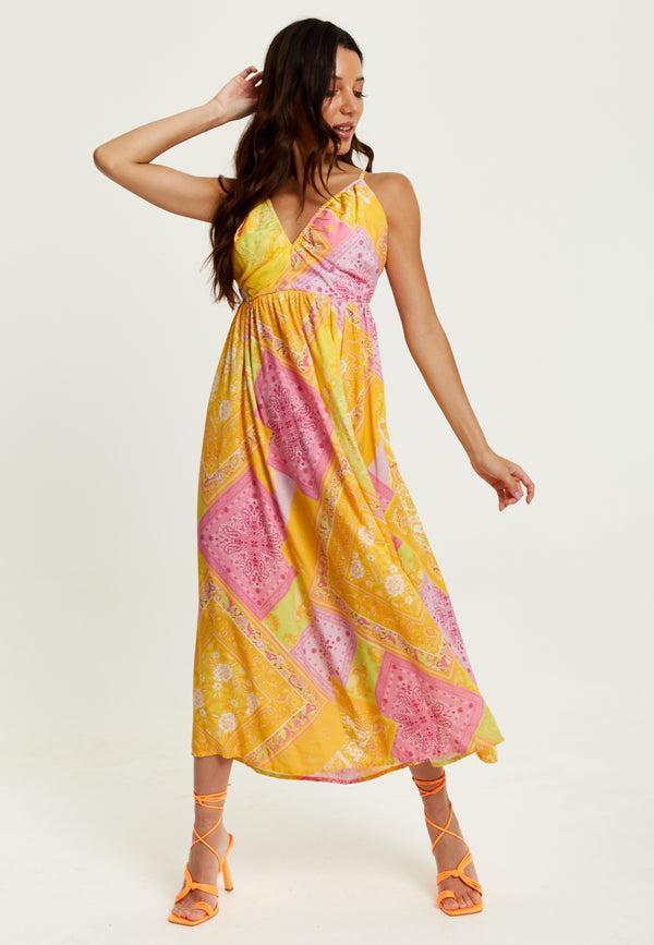 Liquorish Women's Midi Dress with Open Back and Sleeveless Design in Yellow and Pink - Perfect Summer Style by Liquorish