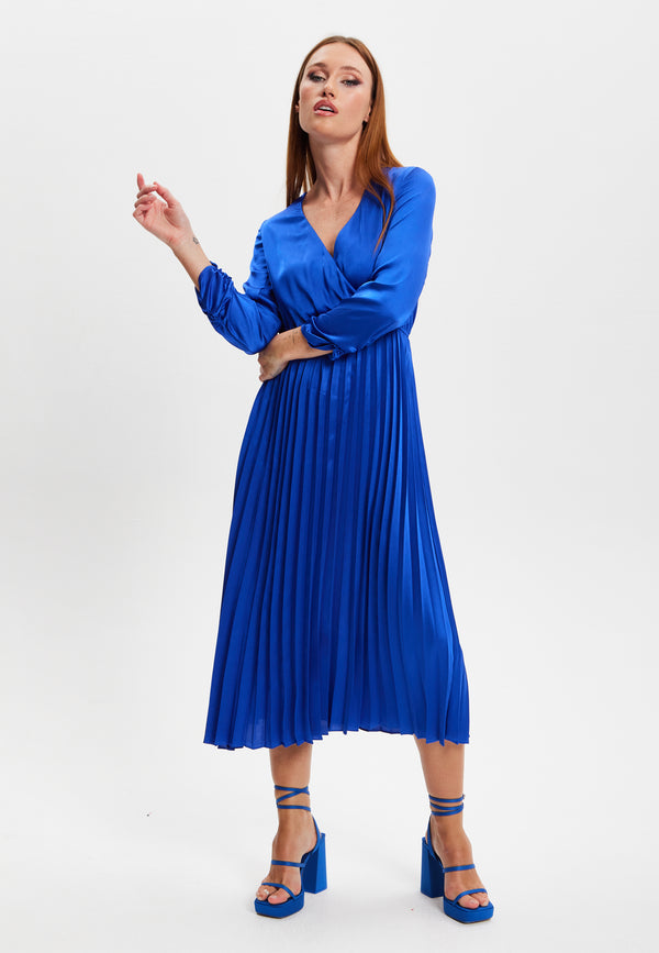 Liquorish Women's Midi Dress With Pleat Details And V-Neck In Royal Blue - Liquorish