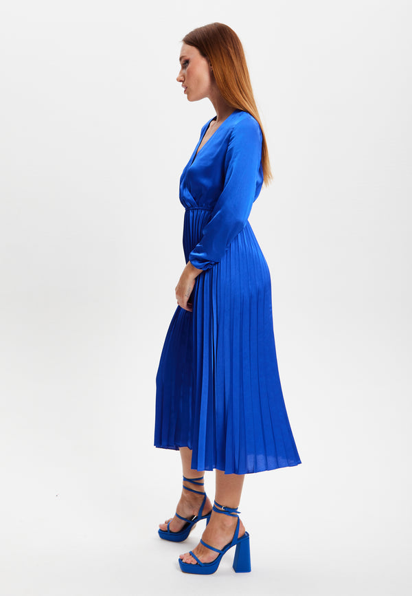 Liquorish Women's Midi Dress With Pleat Details And V-Neck In Royal Blue - Liquorish
