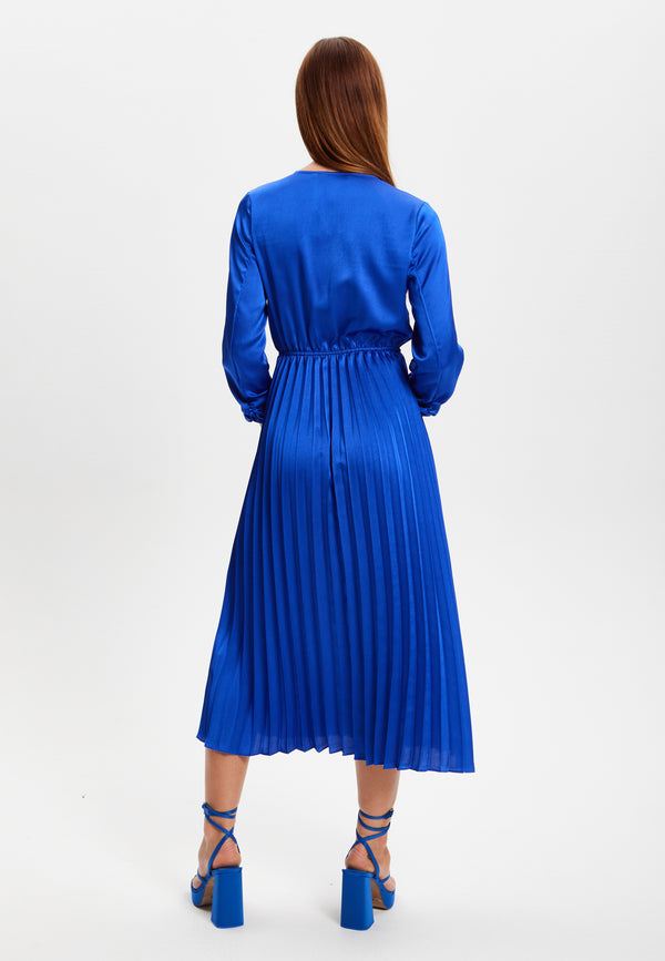 Liquorish Women's Midi Dress With Pleat Details And V-Neck In Royal Blue - Liquorish