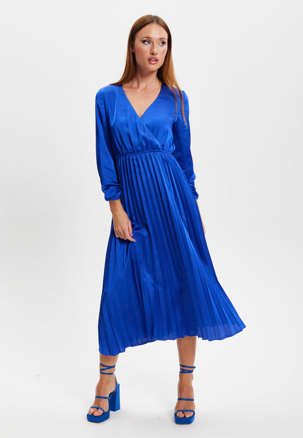 Liquorish Women's Midi Dress with Pleat Details and V-Neck in Royal Blue - Liquorish