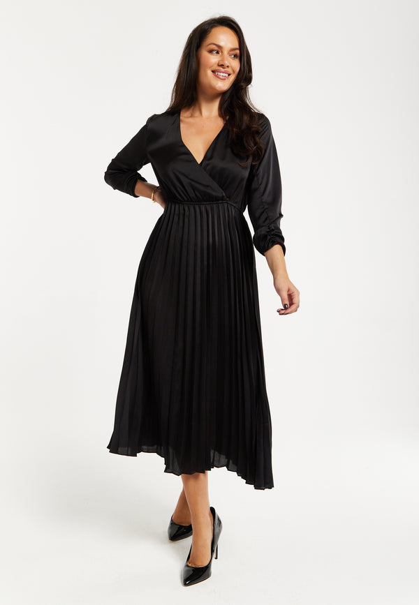 Liquorish Women's Midi Dress With Pleat Details In Black V Neck And Sleeveless Design By Liquorish