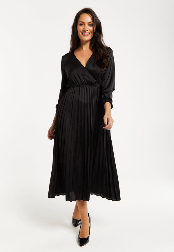 Liquorish Women's Midi Dress With Pleat Details In Black V Neck And Sleeveless Design By Liquorish