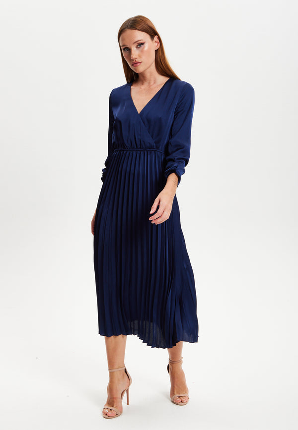 Liquorish Women's Midi Dress With Pleat Details In Navy V Neck And Regular Fit Perfect For Any Occasion - Liquorish