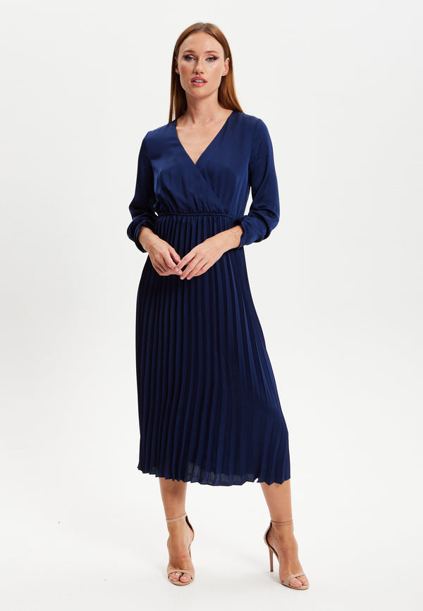 Liquorish Women's Midi Dress With Pleat Details In Navy V Neck And Regular Fit Perfect For Any Occasion - Liquorish