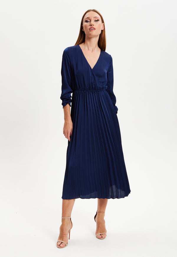 Liquorish Women's Midi Dress with Pleat Details in Navy V Neck and Regular Fit Perfect for Any Occasion - Liquorish