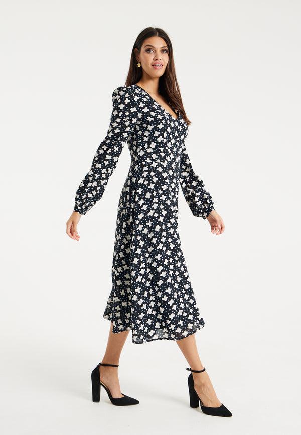 Liquorish Women's Midi Dress With Puffy Sleeves In Black - Floral And Heart Print By Liquorish