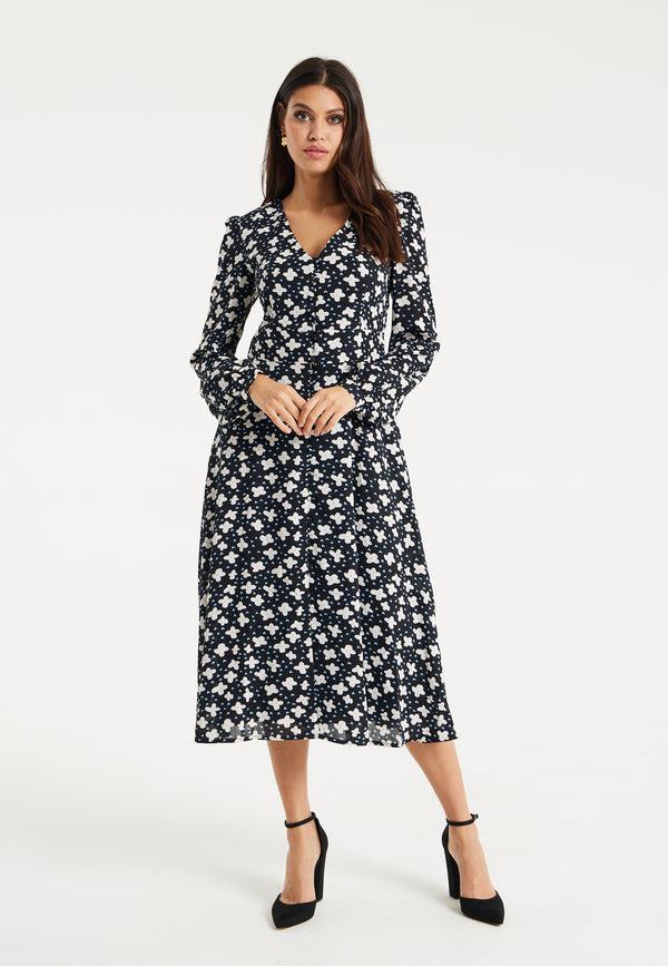 Liquorish Women's Midi Dress With Puffy Sleeves In Black - Floral And Heart Print By Liquorish