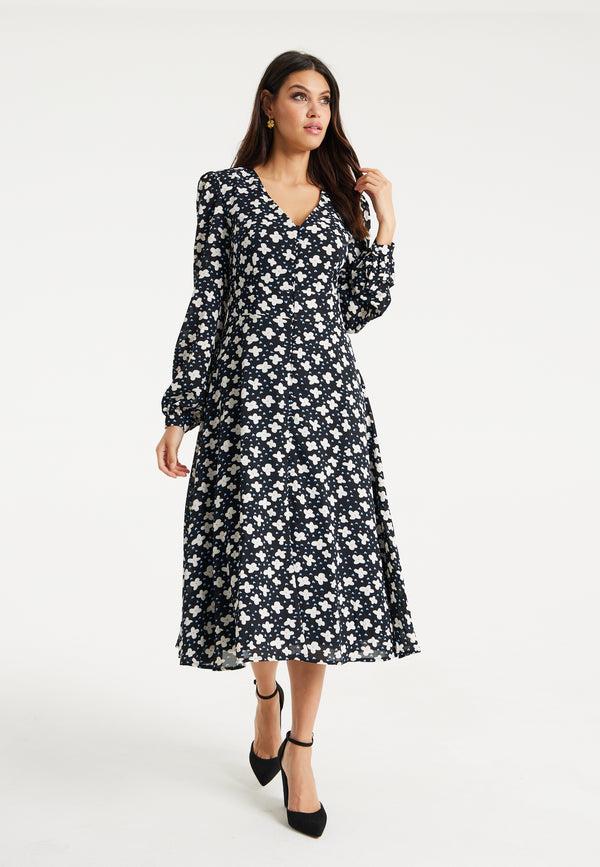Liquorish Women's Midi Dress With Puffy Sleeves In Black - Floral And Heart Print By Liquorish