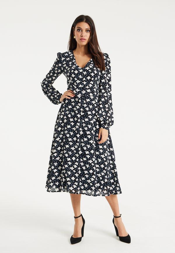 Liquorish Women's Midi Dress with Puffy Sleeves in Black - Floral and Heart Print by Liquorish