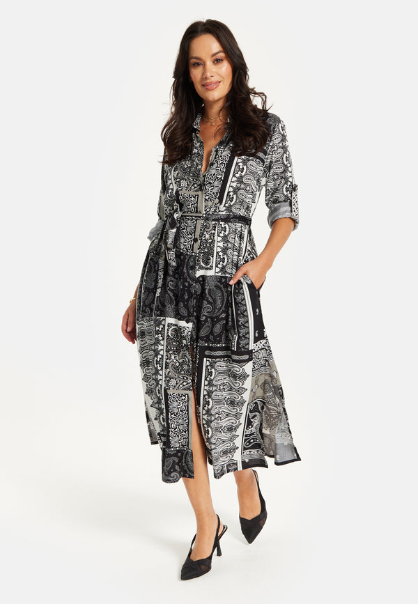Liquorish Women's Midi Dress With Scarf Print Button Through Front Tie Waist Roll-Up Sleeves Elegant Viscose Fabric
