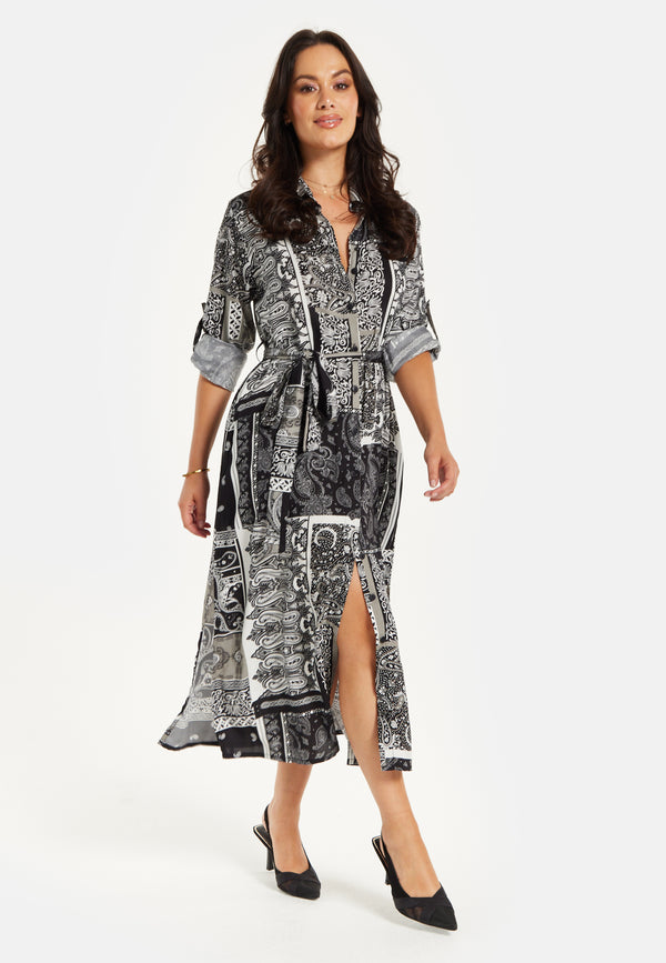 Liquorish Women's Midi Dress With Scarf Print Button Through Front Tie Waist Roll-Up Sleeves Elegant Viscose Fabric