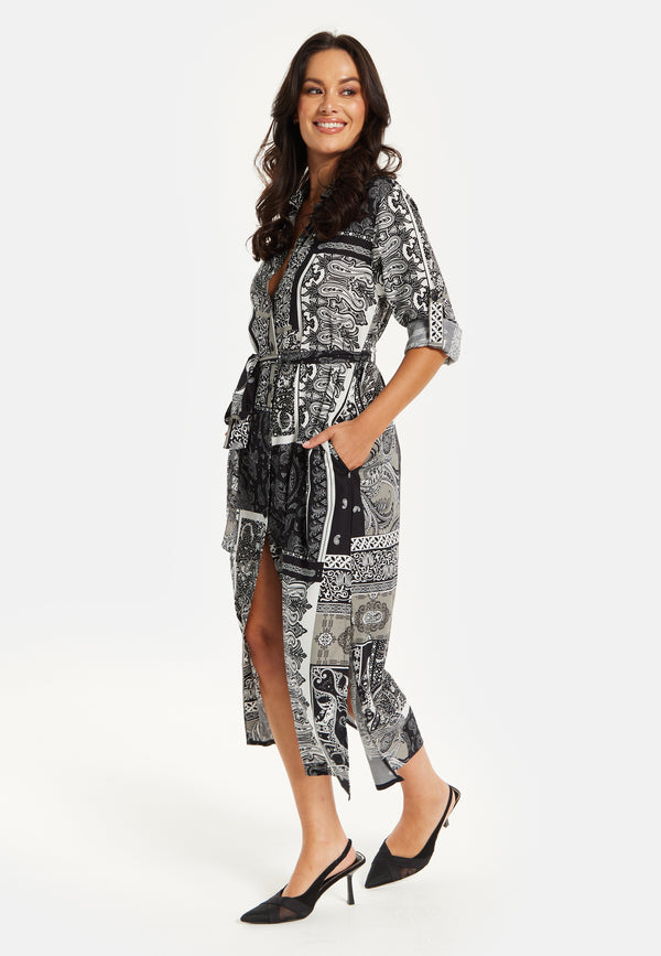 Liquorish Women's Midi Dress With Scarf Print Button Through Front Tie Waist Roll-Up Sleeves Elegant Viscose Fabric